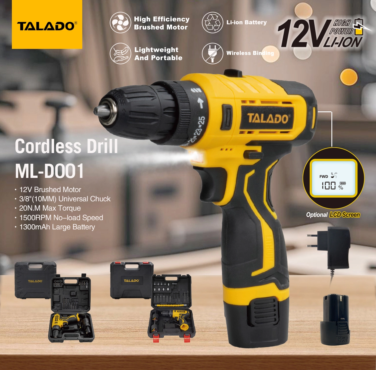Ev DIY Yenileme &Ccedil;alışmaları i&ccedil;in İsteğe Bağlı Dijital Ekranlı 12V &Ccedil;ift Hızlı Y&uuml;ksek Torklu Ak&uuml;l&uuml; Matkap
